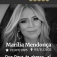 Ex-sogra de Marília Mendonça fez postagem lamentando a tragédia que matou a cantora