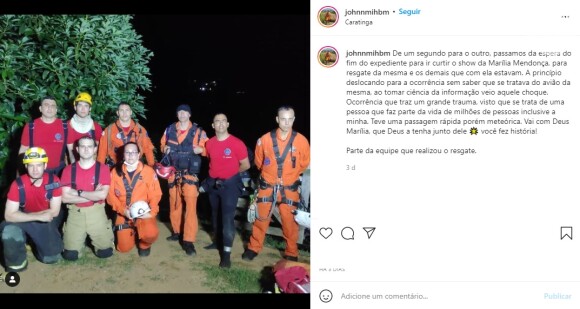 Na publicação, bombeiro que participou do resgate do corpo de Marília Mendonça prestou uma homenagem à cantora
