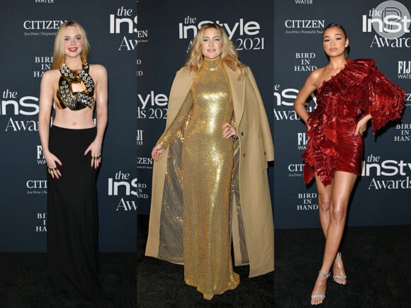 Vestido de festa: o metalizado foi destaque nas produções de Elle Fanning, Kate Hudson e Madison Bailey