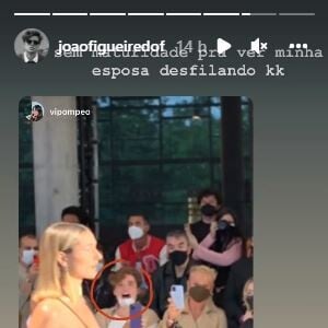 Uma fã comentou sobre a emoção de João Figueiredo ao ver Sasha e cantor acrescentou: 'Sem maturidade para ver minha esposa desfilando'