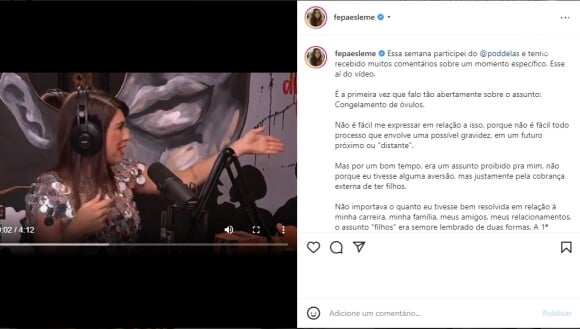 No INstagram, Fernanda Paes Leme fez mais um desabafo sobre o assunto