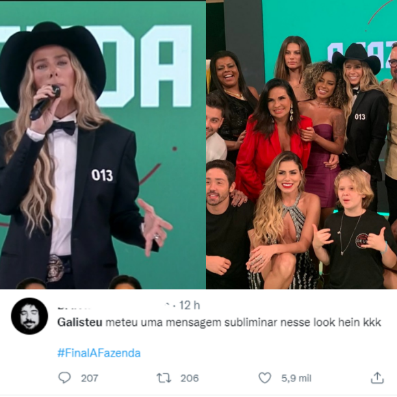 Adriane Galisteu usou terninho com gravata borboleta para a final de 'A Fazenda 13', mas '013' no peito esquerdo chamou a atenção da web