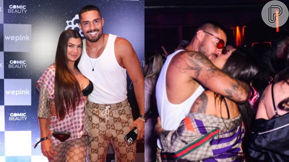 Bil Araújo e Marina Ferrari, ex-peões de 'A Fazenda 2021', trocam beijos em festa do pijama de Virgínia Fonseca