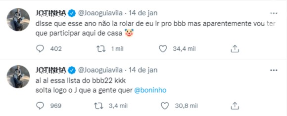 João Guilherme prometeu comentar o reality show após confirmação de Jade Picon no elenco