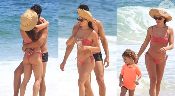 Isis Valverde curte praia com o marido, André Rezende, e o filho, Rael, em 5 de fevereiro de 2022