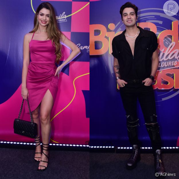 Luan Santana usou look all black e Izabela Cunha escolheu um vestido fendado para festa de influencer