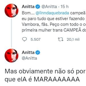 'BBB 22': Anitta declara apoio a Linn da Quebrada no paredão e avisa que defenderá atriz até a final