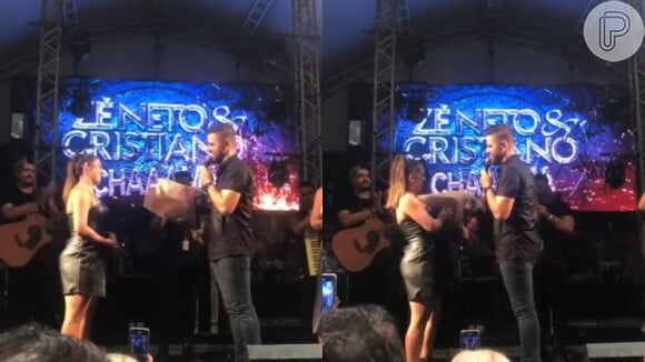 Natália Toscano ganha flores de Zé Neto no palco de um show do sertanejo no dia em que os dois fazem 13 juntos