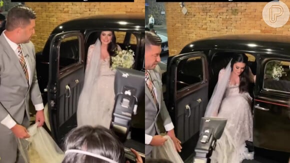 Casamento de Natália Guimarães e Leandro, do KLB: noiva chegou em um carro preto com uma placa personalizada