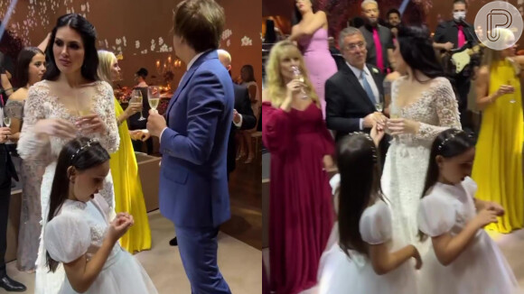 Casamento de Natália Guimarães e Leandro, do KLB, ficam ao lado das filhas gêmeas, de oito anos, durante a festa