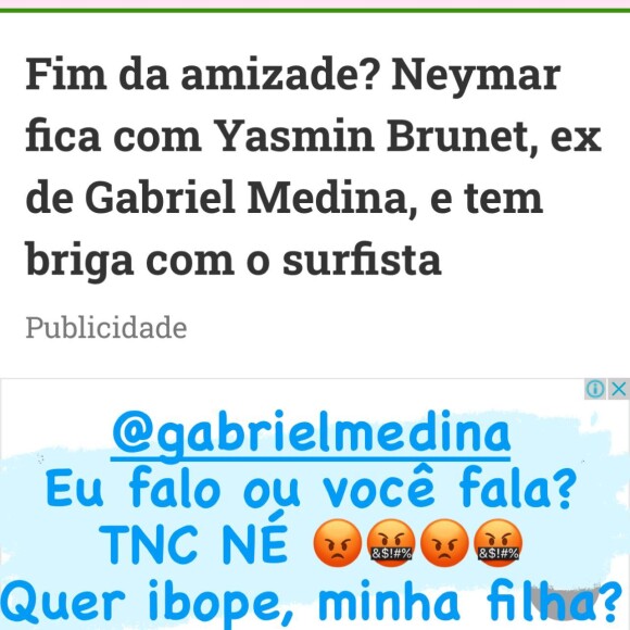 Neymar também marcou Gabriel Medina na publicação