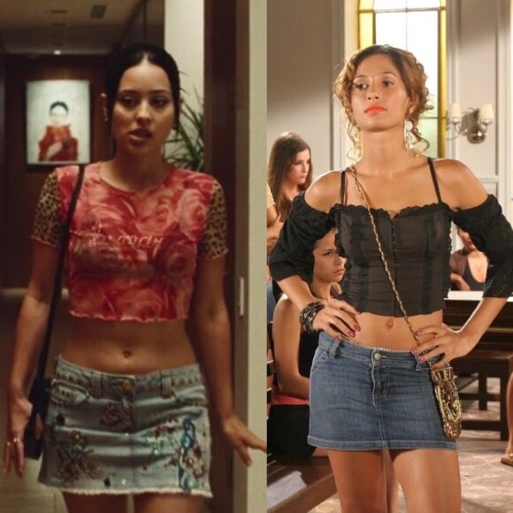 Barriga de fora e cintura baixa: as duas trends aparecem em looks de Maddy, de 'Euphoria' x Bebel de 'Paraíso Tropical'