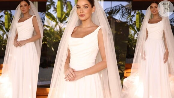 Detalhes do vestido de noiva usado por Marcella Tranchesi em casamento: peça tinha decote alto e silhueta evasê