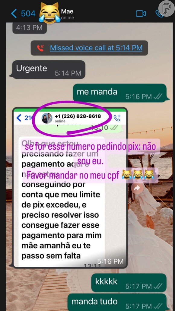 Namorada de Alexandre Negrão: horas antes da revelação, a jovem avisou que já tinha um golpista se passando por ela no WhatsApp