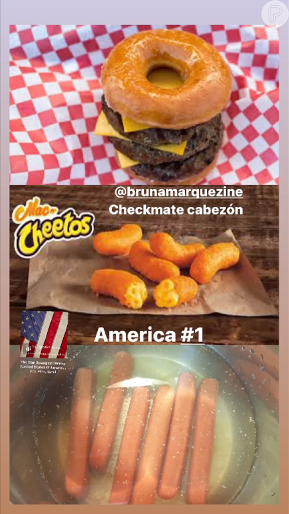 Xolo Maridueña não desistiu e respondeu com pratos "tradicionais" estadunidenses: salsichas, Cheets e hambúrger de donuts...