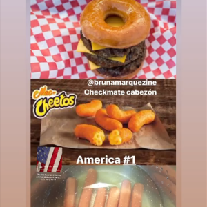 Bruna Marquezine voltou a retrucar Xolo Maridueña: 'Você está tornando mais fácil eu vencer isto', escreveu ela, ao ver as iguarias americanas escolhidas pelo ator