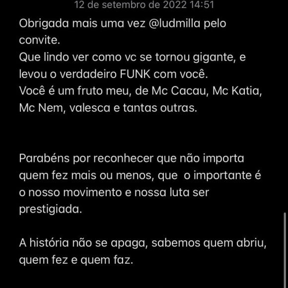 Tati Quebra Barraco exaltou respeito que Ludmilla tem por funkeiras antigas