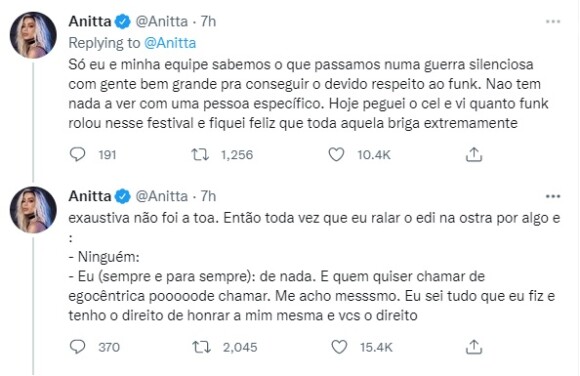 Mais cedo, Anitta exaltou sua luta para que o Rock in Rio tivesse um espaço de funk