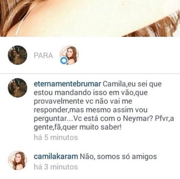 Camila Karam ainda respondeu as perguntas dos fãs-clubes de Neymar