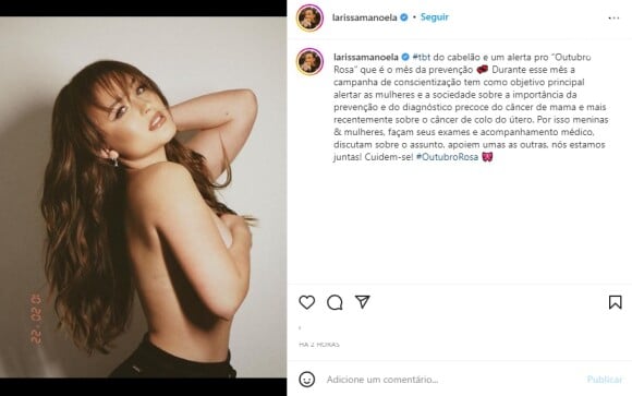 Larissa Manoela fez um alerta sobre câncer de mama e de colo do útero nas redes sociais