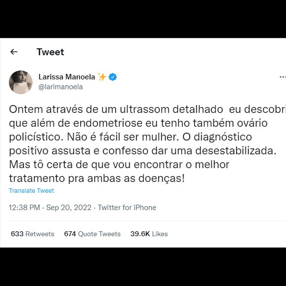 Larissa Manoela desabafou sobre a endometriose e o ovário policístico