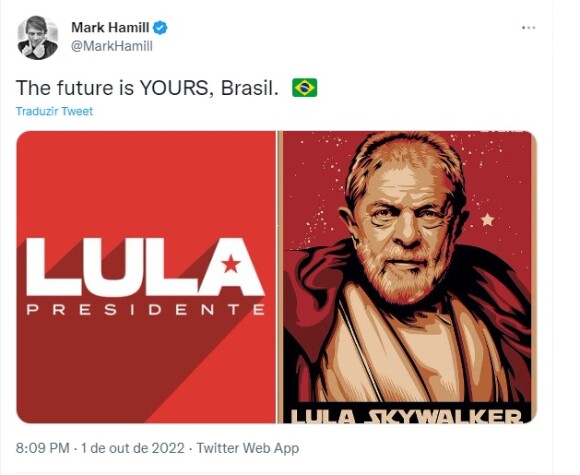 Mark Hamil, o Luke Skywalker da saga "Star Wars", declarou seu apoio a Lula no Twitter na véspera do 1º turno