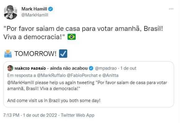 Mark Hamill pediu que a população fosse para às urnas: 'Por favor, saiam de casa para votar amanhã, Brasil! Viva a democracia'