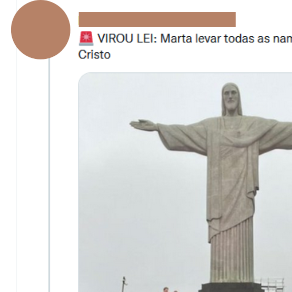 'Virou lei: Marta levar todas as namoradas gringas para conhecer o Cristo', diz uma publicação que viralizou no Twitter