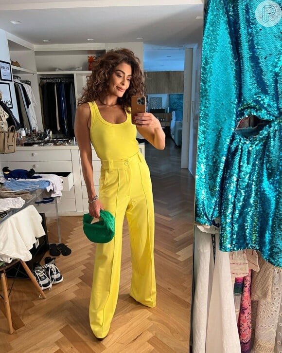 Look monocromático amarelo foi usado por Juliana Paes para torcer pelo Brasil: atriz completou visual com bolsa verde