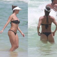 Deborah Secco exibe boa forma com biquíni preto em praia do Rio de Janeiro