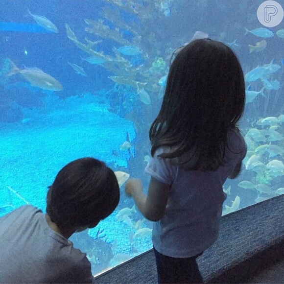 Carol Celico mostra os filhos brincando em aquário