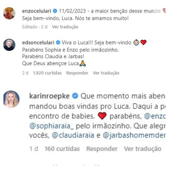 Os comentários de Edson Celulari e Karin Roepke parabenizando Claudia Raia pelo nascimento de Luca