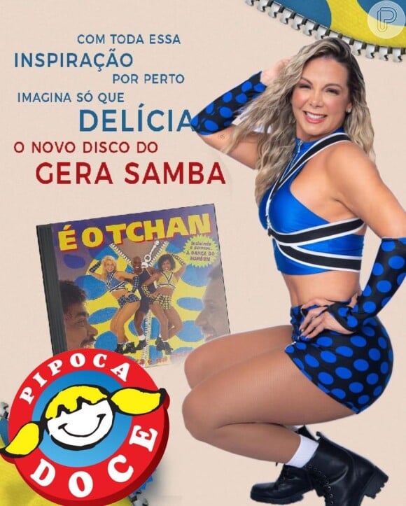 Carla Perez posou com o look ao lado da capa do CD do É o Tchan