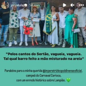 A primeira-dama da República, Janja parabenizou a Imperatriz Leopoldinense pelo título de campeã do carnaval 2023 no Rio