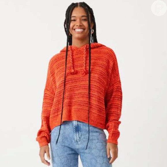 Blusão suéter em tricô com listras e capuz laranja, Renner