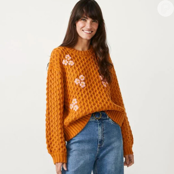 Blusão suéter em tricô com bordados florais, Renner