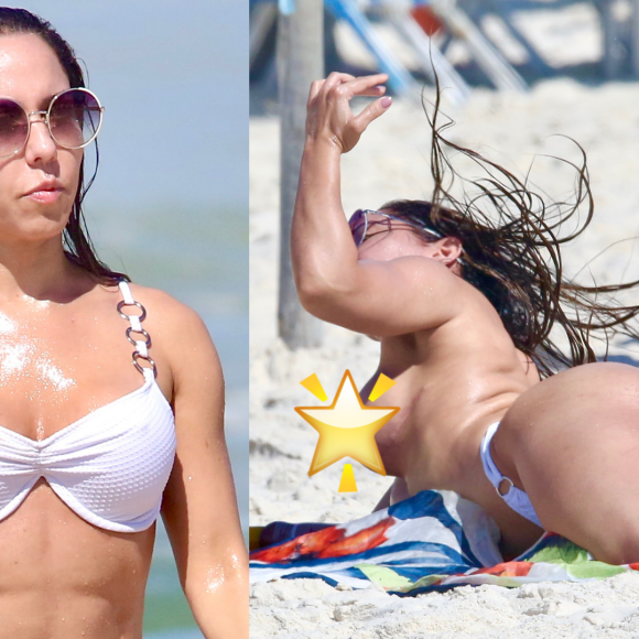 Mulher Melão foi flagrada nesta quinta-feira (13) na Praia da Barra da Tijuca, no Rio de Janeiro