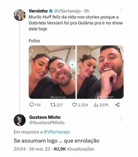 Gustavo Mioto também deu indícios de relacionamento de Gabriela Versiani e Murilo Huff