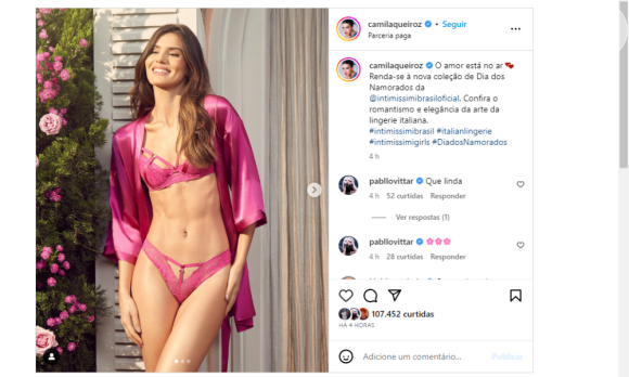 Fotos de Camila Queiroz de calcinha e sutiã foram feitas para a campanha de Dia dos Namorados da Intimissimi Brasil, marca de lingerie