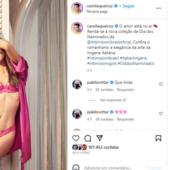 Camila Queiroz de calcinha e sutiã: fotos fizeram fã destacar a parte íntima da atriz. 'Queria entender porque eu tenho um 'pererecão' e ela parece que nem tem', brincou a fã