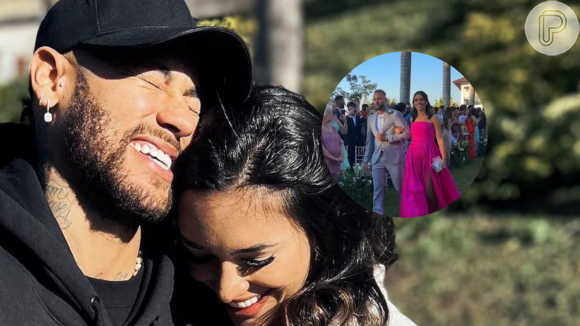 Neymar e Bruna Biancardi surgem juntinhos em casamento e web comenta perdão após traição: 'Me fazia de sonsa também'