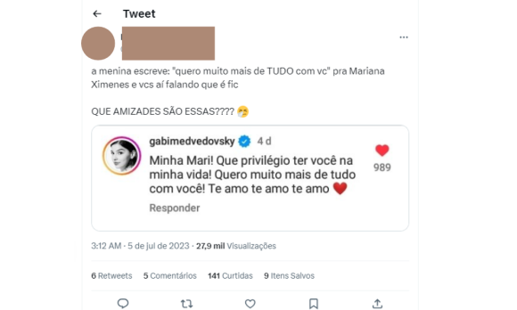 Declarações de Gabi Medvedovski para Mariana Ximenes derreteram usuários do Twitter