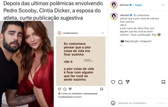 Cintia Dicker curtiu post e aumentou a especulação sobre uma possível crise na relação