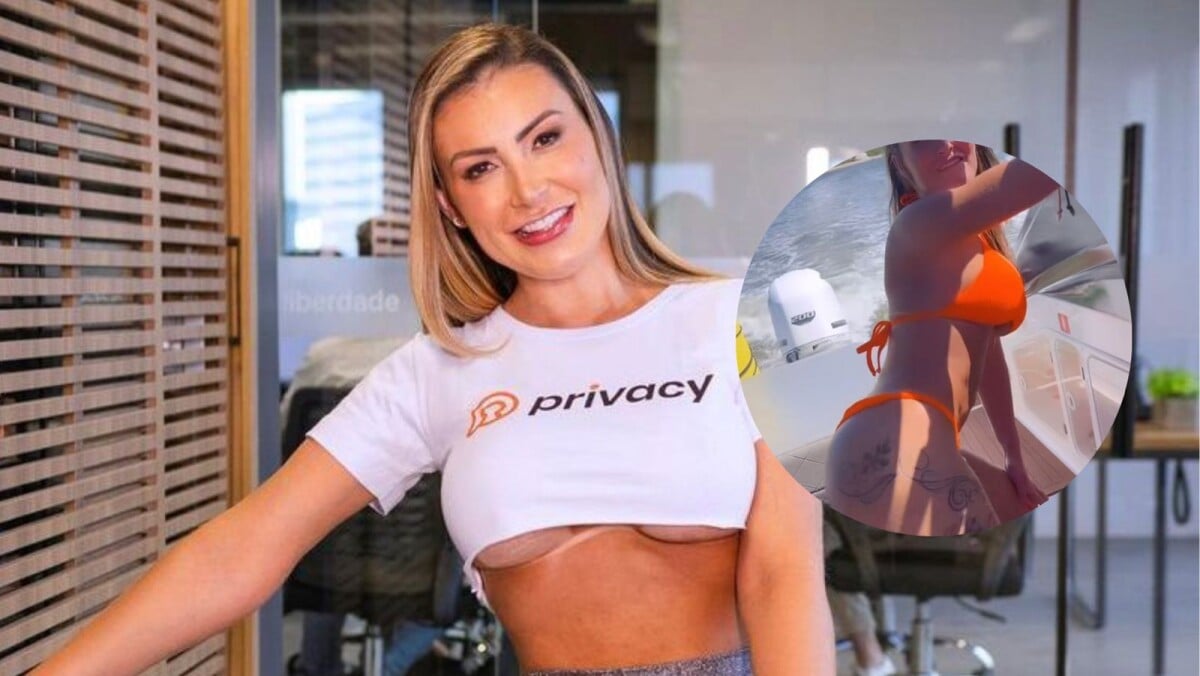 Foto: Andressa Urach rebola em lancha com biquíni laranja - Purepeople