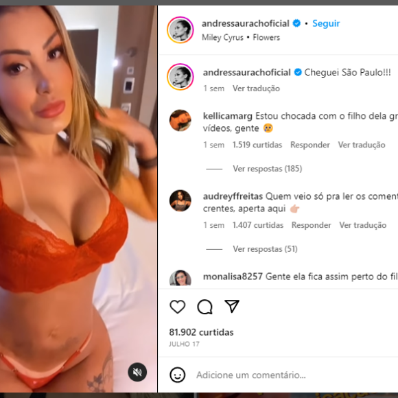 Andressa Urach chegou polêmica ao contar que quem grava alguns conteúdos dela é seu filho Arthur de 18 anos.