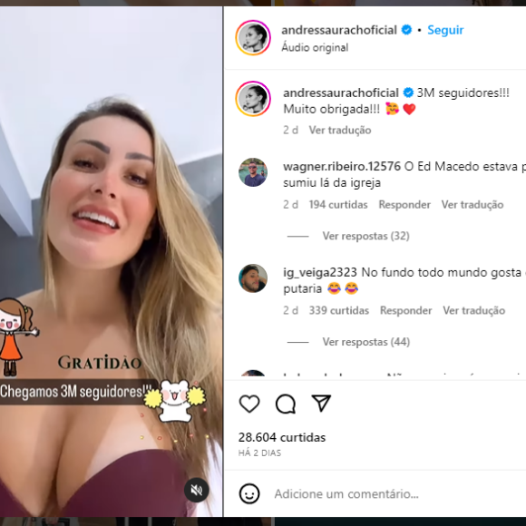 Andressa Urach no meio de algumas polêmicas chegou a 3 milhões de seguidores no Instagram.