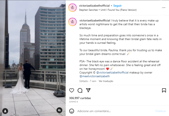 Victoria Elizabeth mostrou o vídeo da maquiagem de casamento que fez para a noiva que trocou as alianças entre os arranha-céus de Nova York.