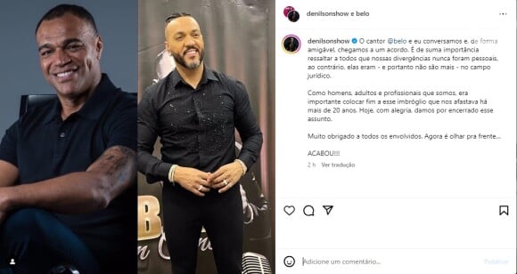 Denílson usou o Instagram para falar sobre o encerramento da briga judicial com Belo