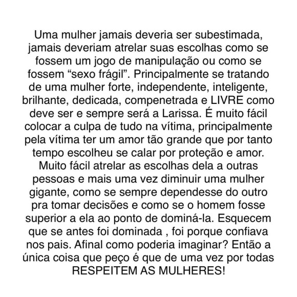 André Luiz Frambach iniciou a carta aberta exaltando a força de Larissa Manoela