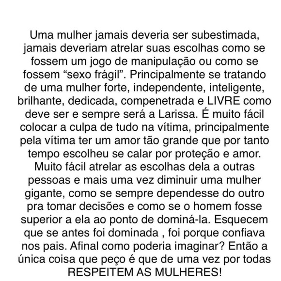 André Luiz Frambach iniciou a carta aberta exaltando a força de Larissa Manoela